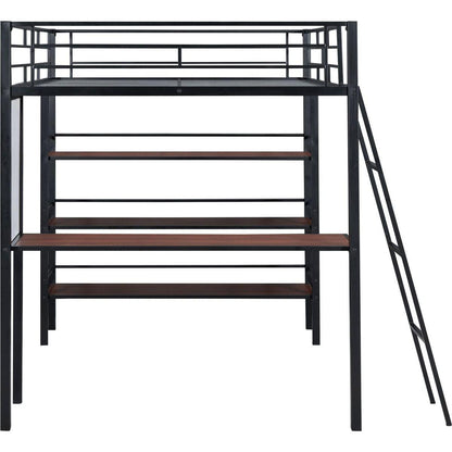 Full Size Loft Metal Bed with 3 Layers of Shelves and Desk, Stylish Metal Frame Bed with Whiteboard, Black
