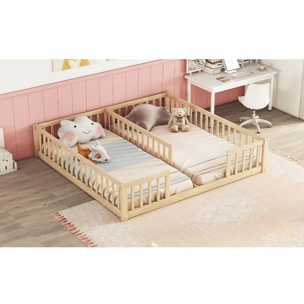 Double Twin Floor Bed with Fence, Guardrails, without door, Natural
