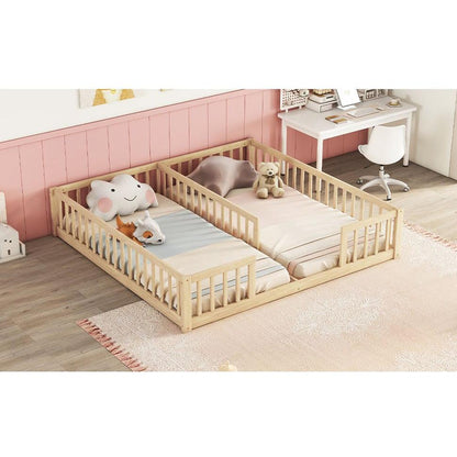 Double Twin Floor Bed with Fence, Guardrails, without door, Natural