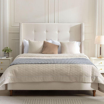 Upholstered King Bed / 54" High Headboard / Traditional Hand Buttoned Tufting / Nailhead Trim Wingback / No Box Spring Needed / Easy Assembly / Ivory Velvet