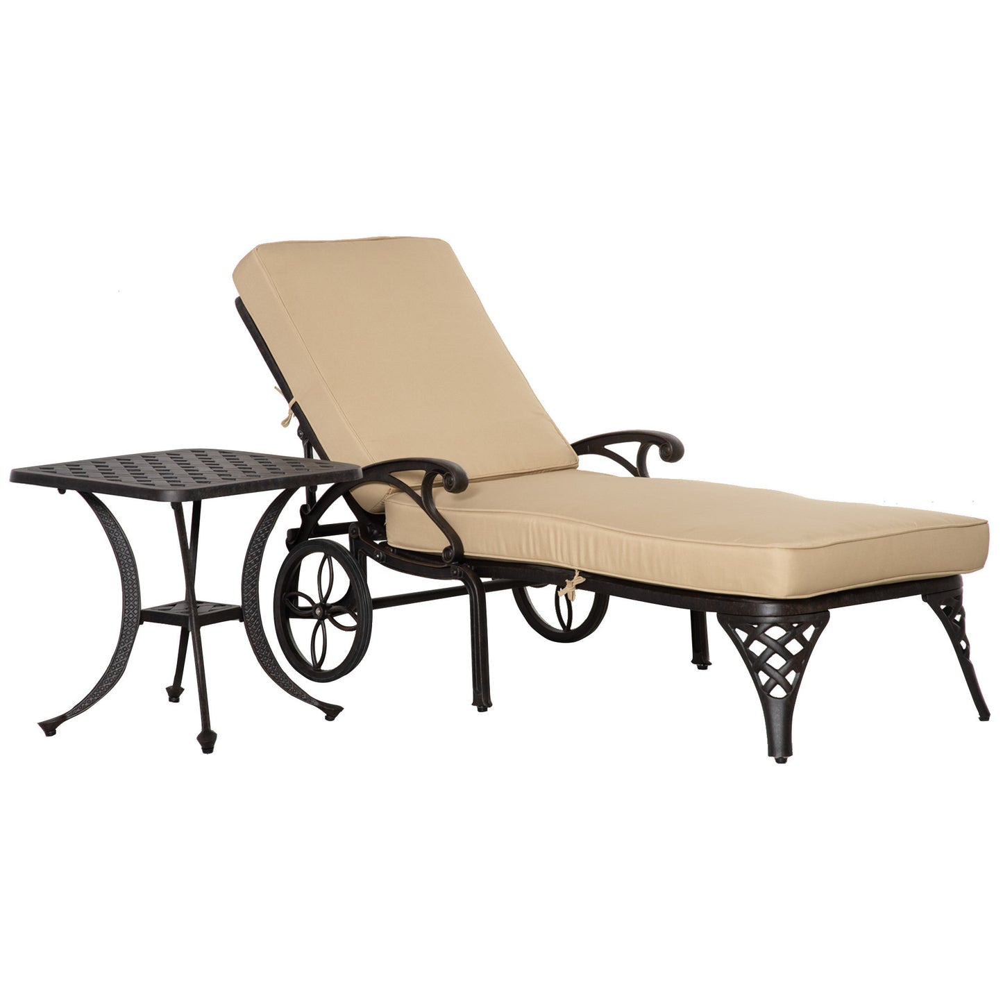 Aluminum Adjustable Chaise Lounge Chair, Folding 4-Position Patio Recliner, Wheels, Armrests, Side Table, Cushion for Poolside, Backyard, Deck, Porch Garden, Beige