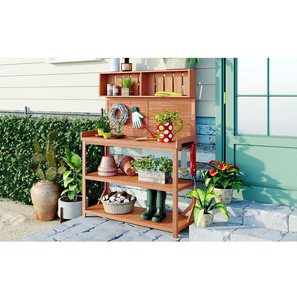 65" Large Wooden Farmhouse Rustic Outdoor Potting Bench Table, Patio Workstation, Garden Potting Bench with 4 Storage Shelves and Side Hook,Natural