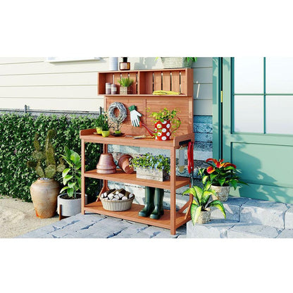 65" Large Wooden Farmhouse Rustic Outdoor Potting Bench Table, Patio Workstation, Garden Potting Bench with 4 Storage Shelves and Side Hook,Natural
