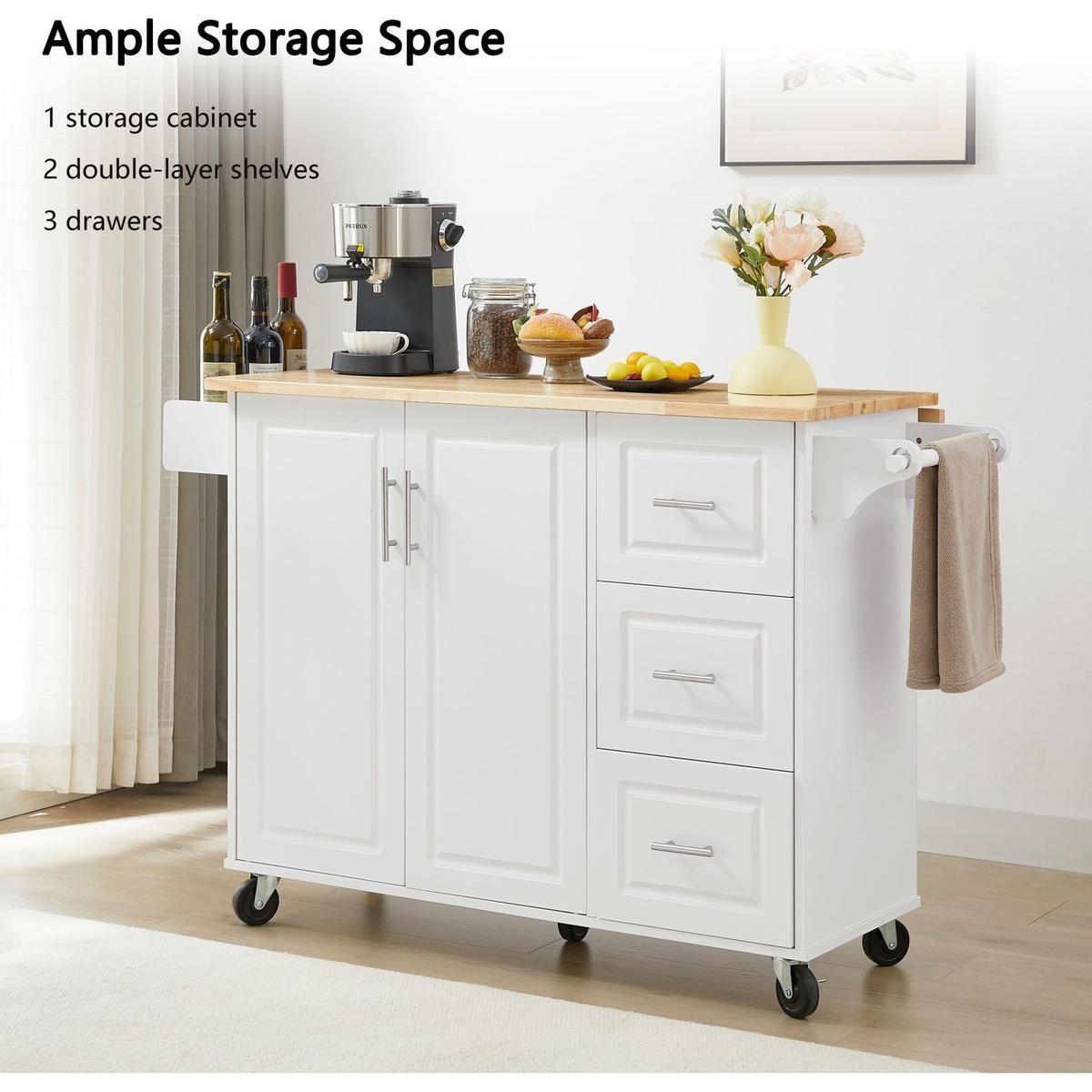 Kitchen Island with Drop Leaf Countertop, Rolling Kitchen Island Cart, Barn Door Kitchen Island Table with Storage Cabinet and Tower Rack, Island Table On Wheels for Kitchen, White