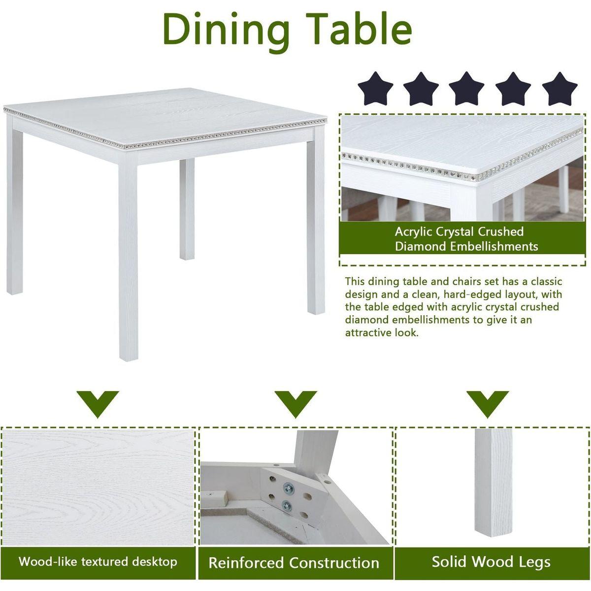 5 Piece Wooden Dining Table Set, Kitchen Table Set with a Square Table and 4 Upholstered Chairs, Wooden Dining Room Table with Crystal Decoration and Chairs Set for Kitchen, Dining Room, White