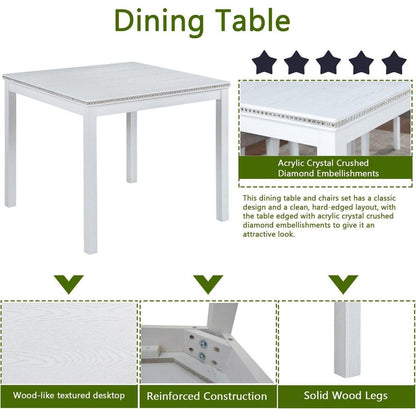 5 Piece Wooden Dining Table Set, Kitchen Table Set with a Square Table and 4 Upholstered Chairs, Wooden Dining Room Table with Crystal Decoration and Chairs Set for Kitchen, Dining Room, White