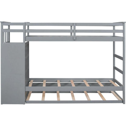 Twin Over Twin Bunk Bed with Trundle and Staircase,Gray