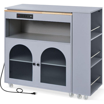 Rolling Kitchen Island With Movable Extended Table, Kitchen Cabinet on Wheels with Power Outlets and 2 Fluted Glass Doors, Kitchen Island with a Storage Compartment and Side 3 Open Shelves, Grey