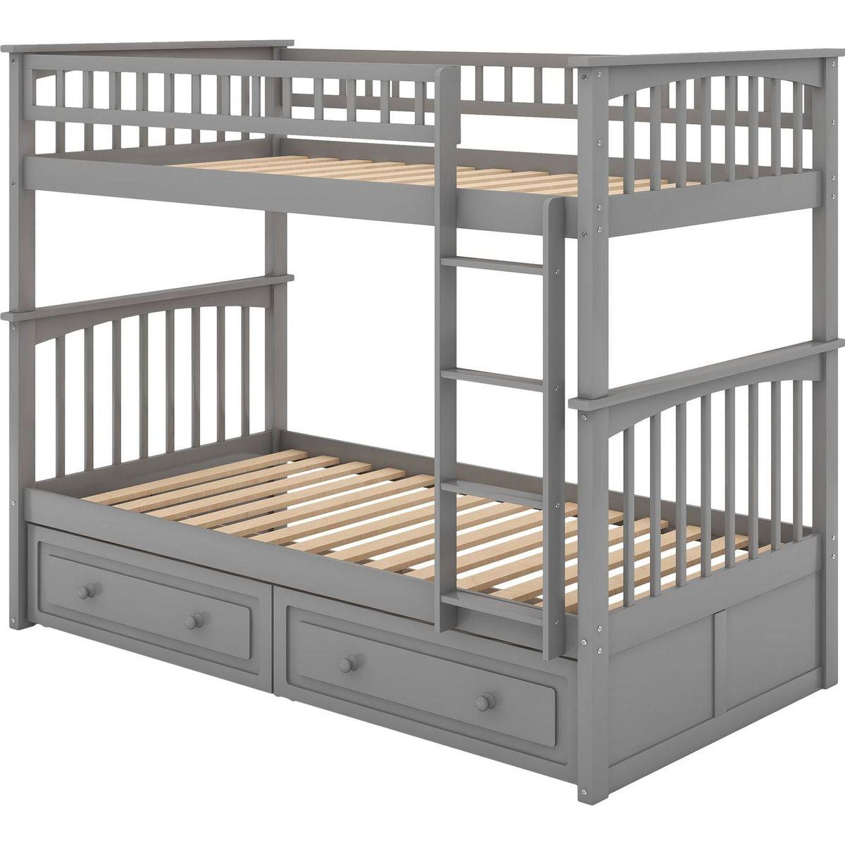 Twin over Twin Bunk Bed with Drawers, Convertible Beds, Gray