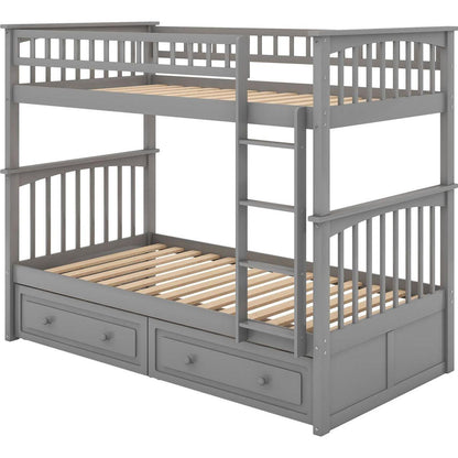 Twin over Twin Bunk Bed with Drawers, Convertible Beds, Gray