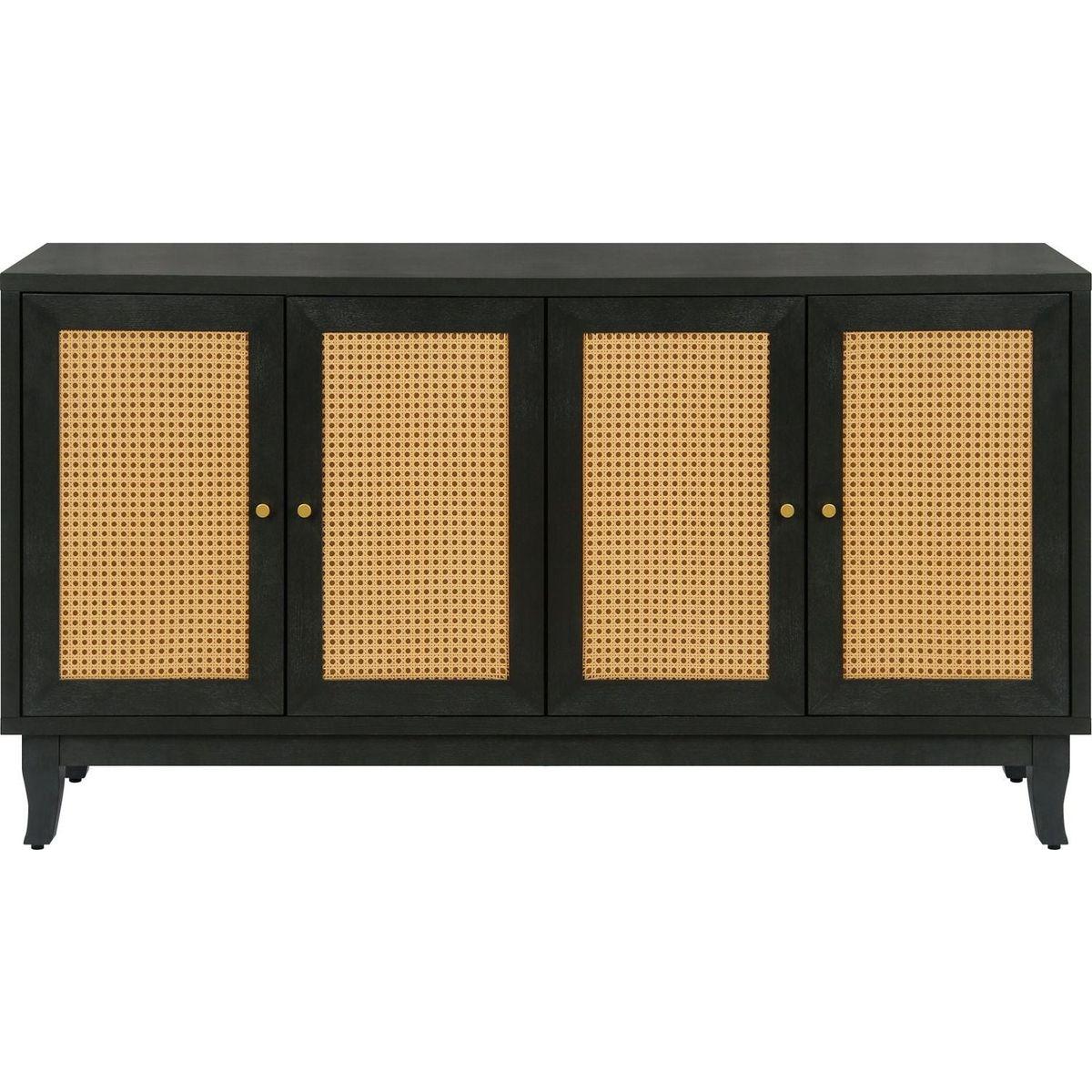 Handcrafted Premium Grain Panels,Rattan Sideboard Buffer Cabinet With 4 Rattan Doors, Modern Storage Cupboard Console Table with Adjustable Shelves for Living Room(Antique Dark Gray)