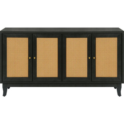 Handcrafted Premium Grain Panels,Rattan Sideboard Buffer Cabinet With 4 Rattan Doors, Modern Storage Cupboard Console Table with Adjustable Shelves for Living Room(Antique Dark Gray)