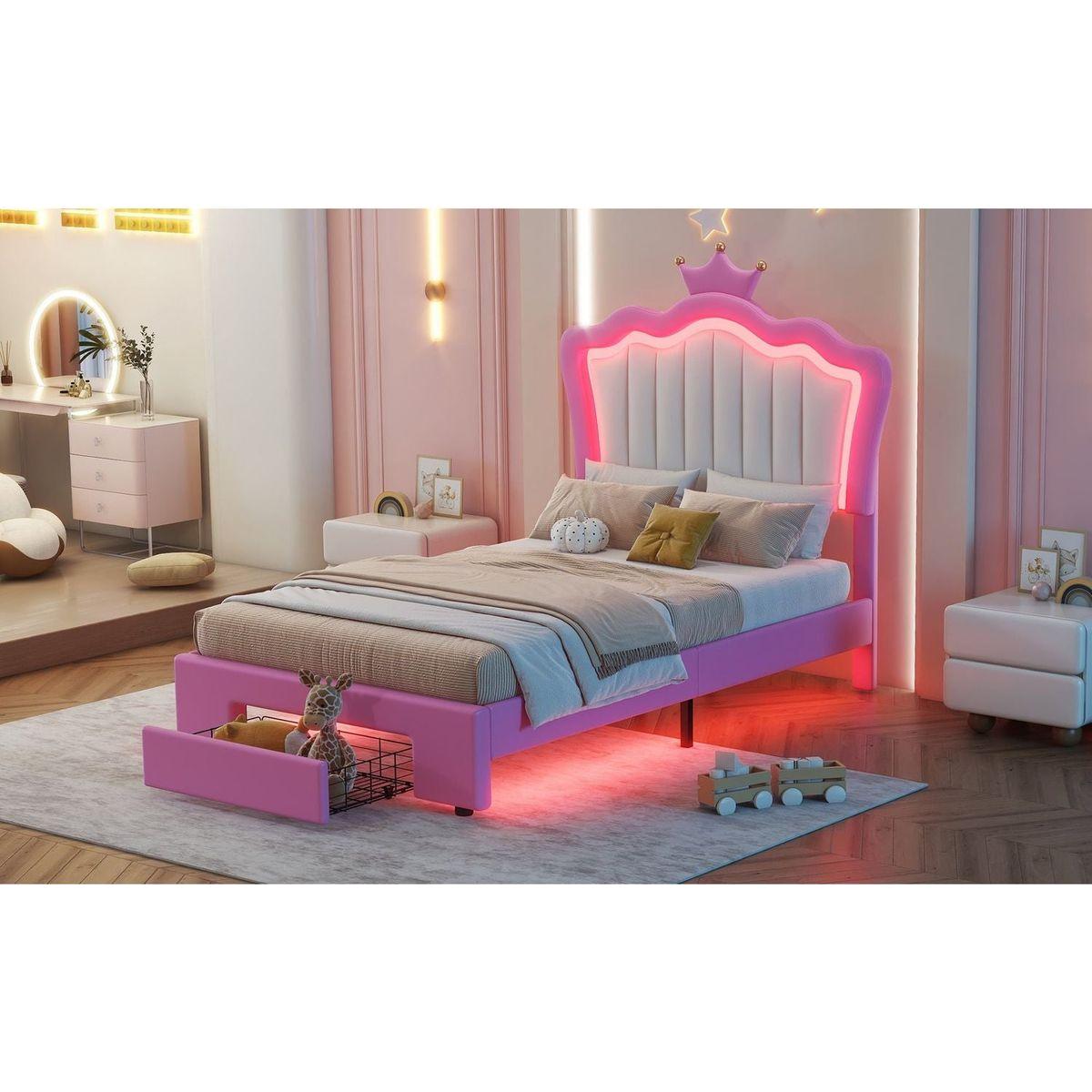 Twin Size Upholstered Bed Frame with LED Lights, Modern Upholstered Princess Bed with Crown Headboard, a Drawer, Pink+White