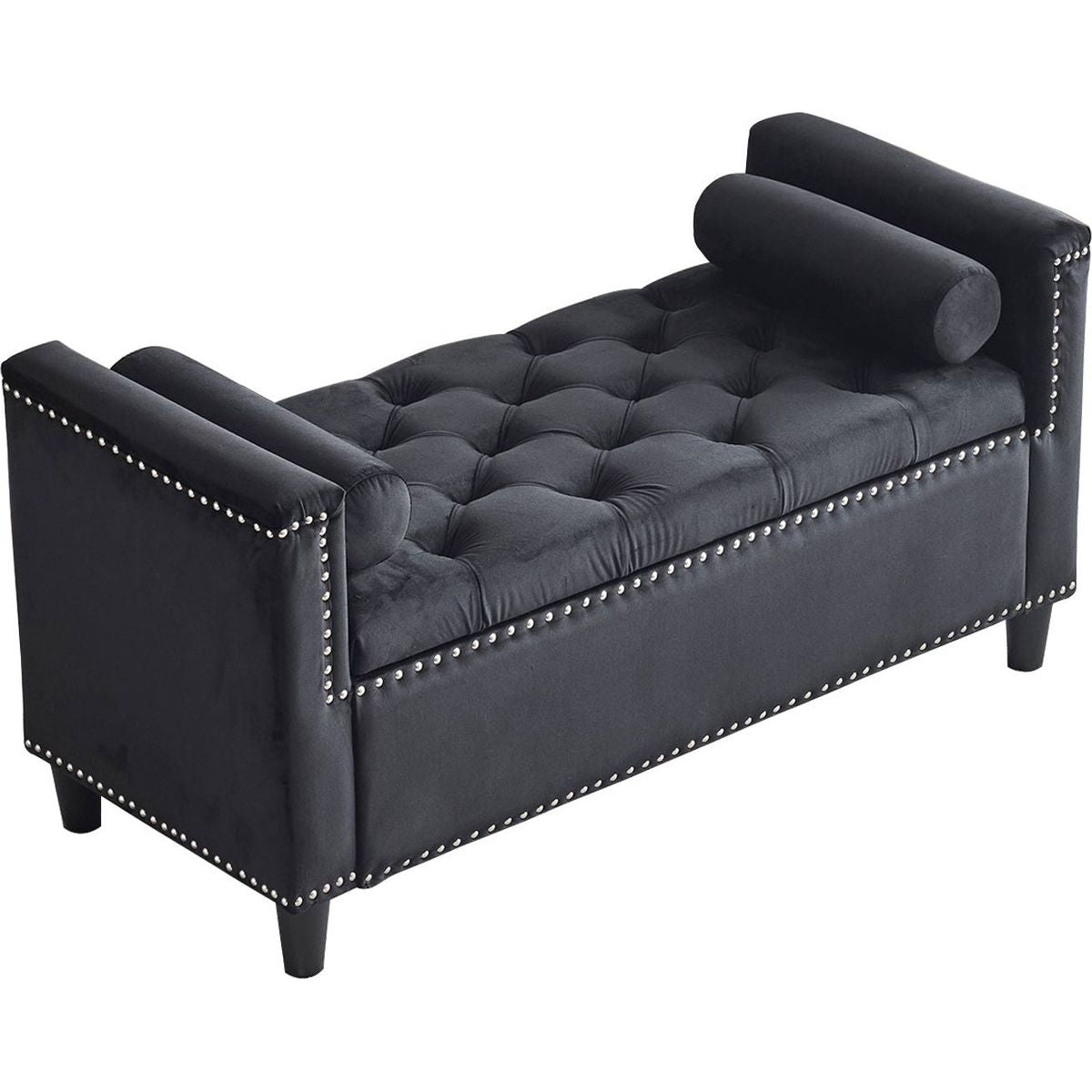 Storage Bench, 44.5-Inch Queen Velvet Button Bedside Bench, Entryway Living Room with Armrests, Nailhead Trim, Upholstered Bedroom Bench, Bedside Ottoman, Living Room, Entryway, Black