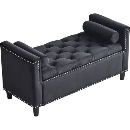 Storage Bench, 44.5-Inch Queen Velvet Button Bedside Bench, Entryway Living Room with Armrests, Nailhead Trim, Upholstered Bedroom Bench, Bedside Ottoman, Living Room, Entryway, Black