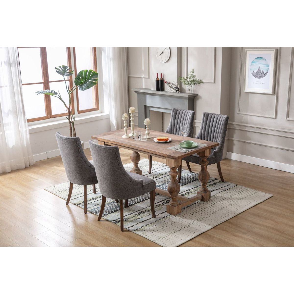 Exquisite Gray Linen Fabric Upholstered Strip Back Dining Chair with Solid Wood Legs 2 Pcs