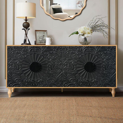 Black Carved Symmetrical Design Door And Wood Coloured Frame For TV Stand Table,Living Room, Entryway