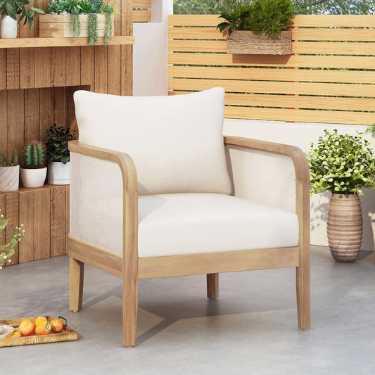 Outdoor Acacia Wood Patio Club Chair, Textilene Patio Furniture,Waterproof Thick Cushion Deep Seating for Porch, Garden, Backyard, Balcony, Weight Capacity 400lbs, Light Teak Finish, Beige