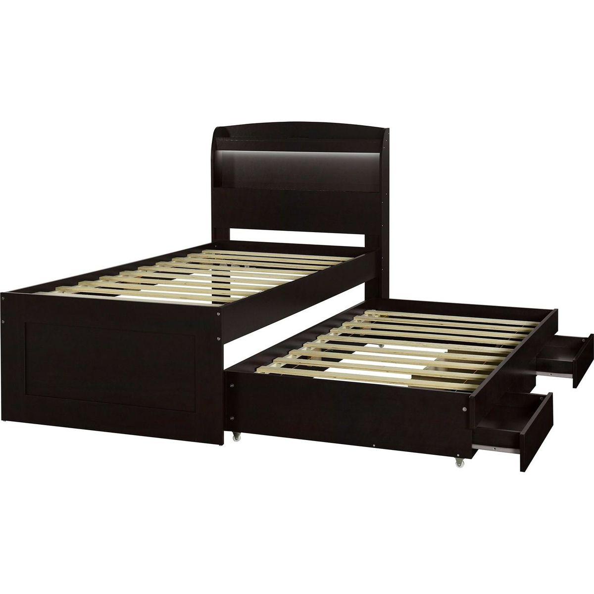 Twin XL Size Platform Bed with Storage LED Headboard, Charging Station, Twin Size Trundle and 2 Drawers, Dark Brown