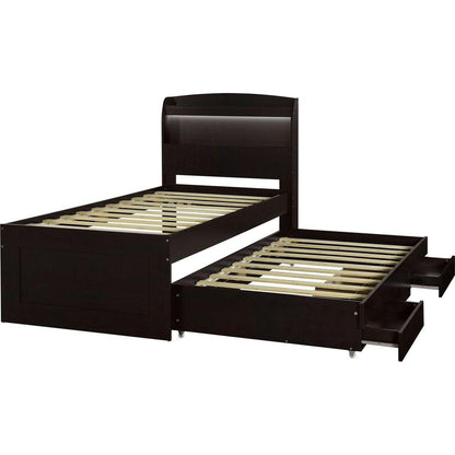 Twin XL Size Platform Bed with Storage LED Headboard, Charging Station, Twin Size Trundle and 2 Drawers, Dark Brown