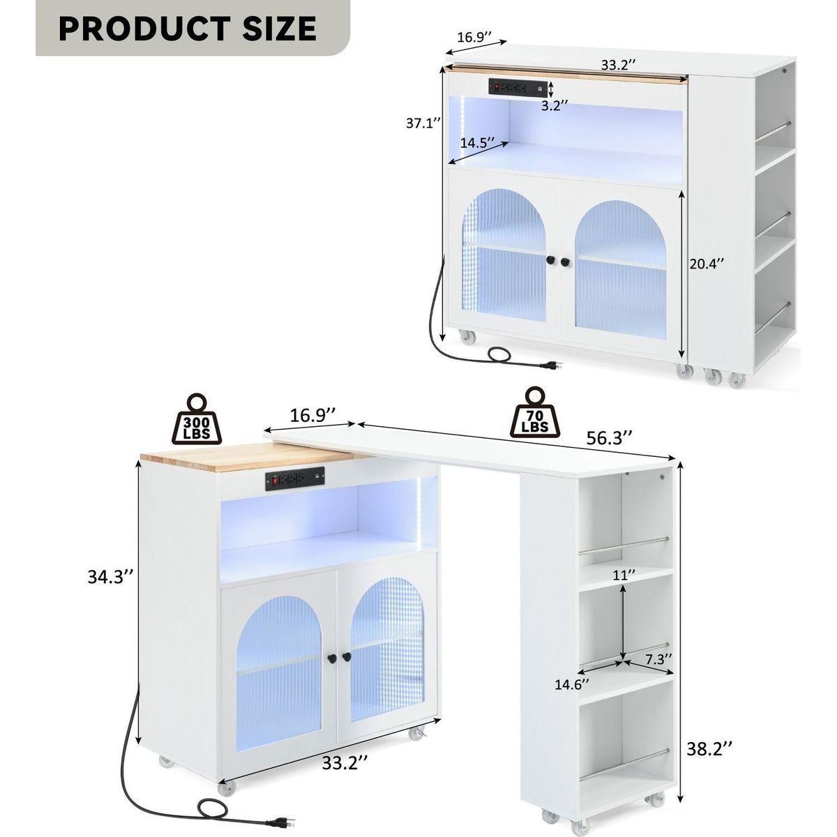 Rolling Kitchen Island With Movable Extended Table, Kitchen Cabinet on Wheels with Power Outlets and 2 Fluted Glass Doors, Kitchen Island with a Storage Compartment and Side 3 Open Shelves, White
