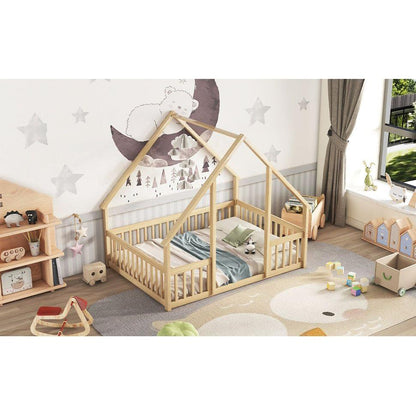 Full Wood House-Shaped Floor Bed with Fence, Guardrails,Natural