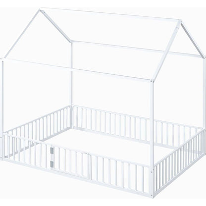Full Size Metal House Bed with Fence and Door, White