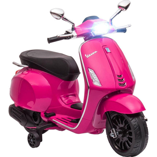 Qaba Vespa Licensed Electric Motorcycle for Kids, 6V Toddler Motorcycle, Battery-Operated Motorbike for Kids with Music, FM Radio, Headlight, Single Button Start for 3-6 Years, Pink