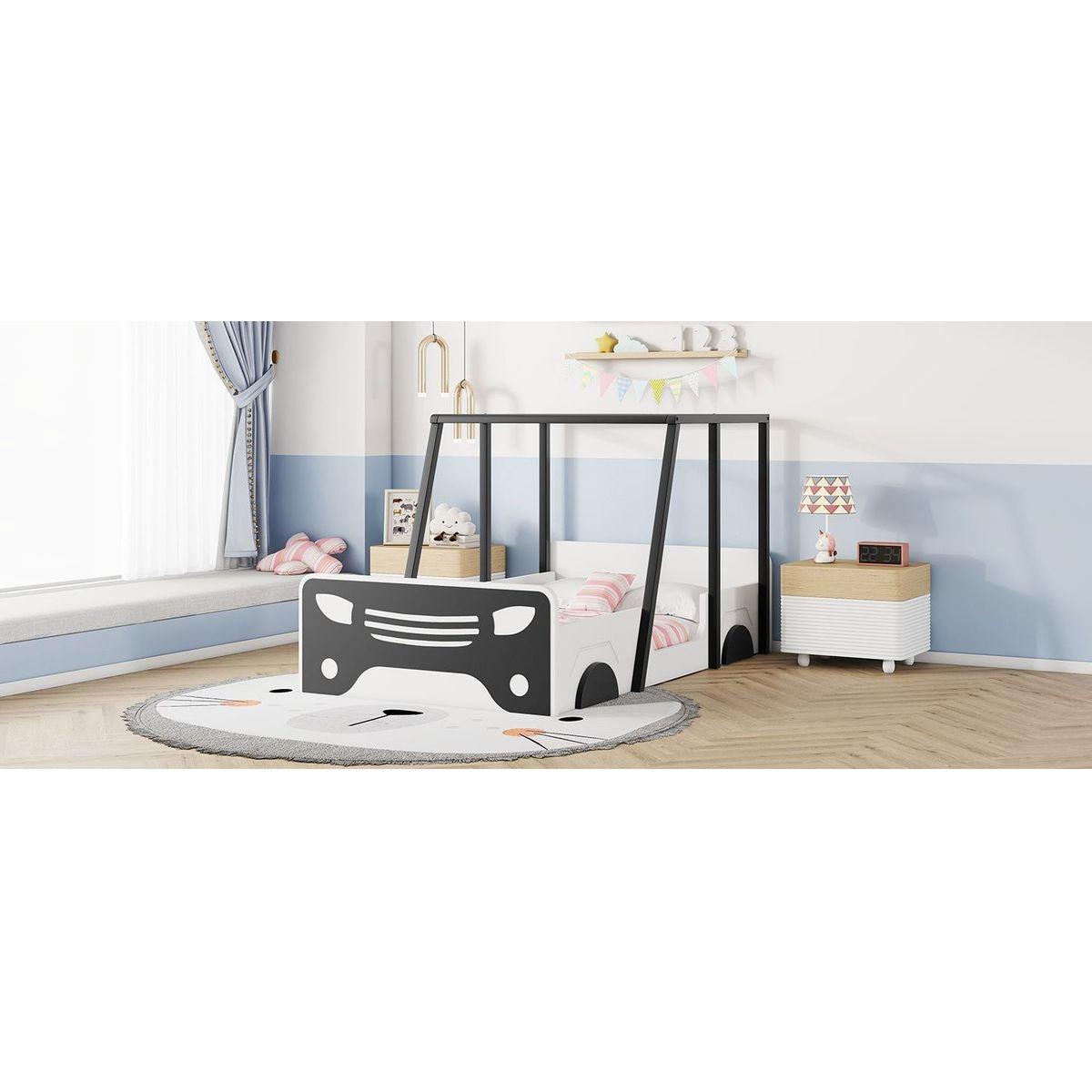 Twin Size Car-shaped Bed with Roof,Wooden Twin Floor Bed with wheels and door Design,Montessori Inspired Bedroom,Black