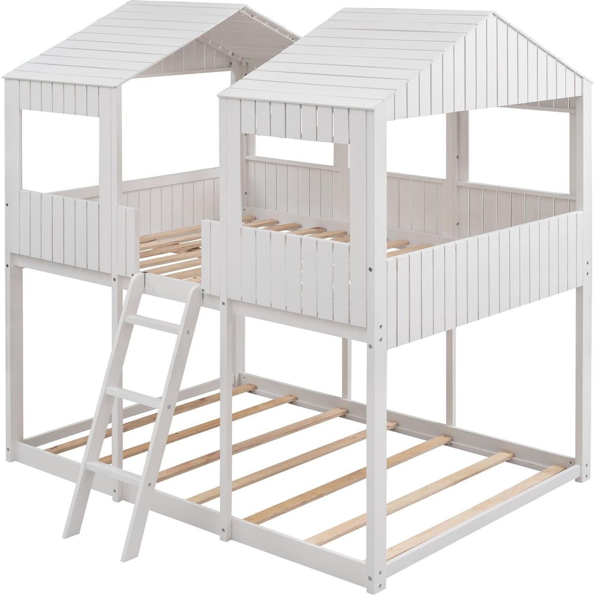 Full Over Full WoodBunk Bed with Roof, Window, Guardrail, Ladder(White)