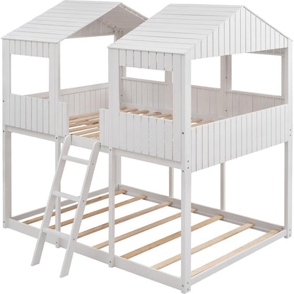 Full Over Full WoodBunk Bed with Roof, Window, Guardrail, Ladder(White)