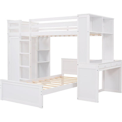 Twin size Loft Bed with a Stand-alone bed, Shelves,Desk,and Wardrobe-White