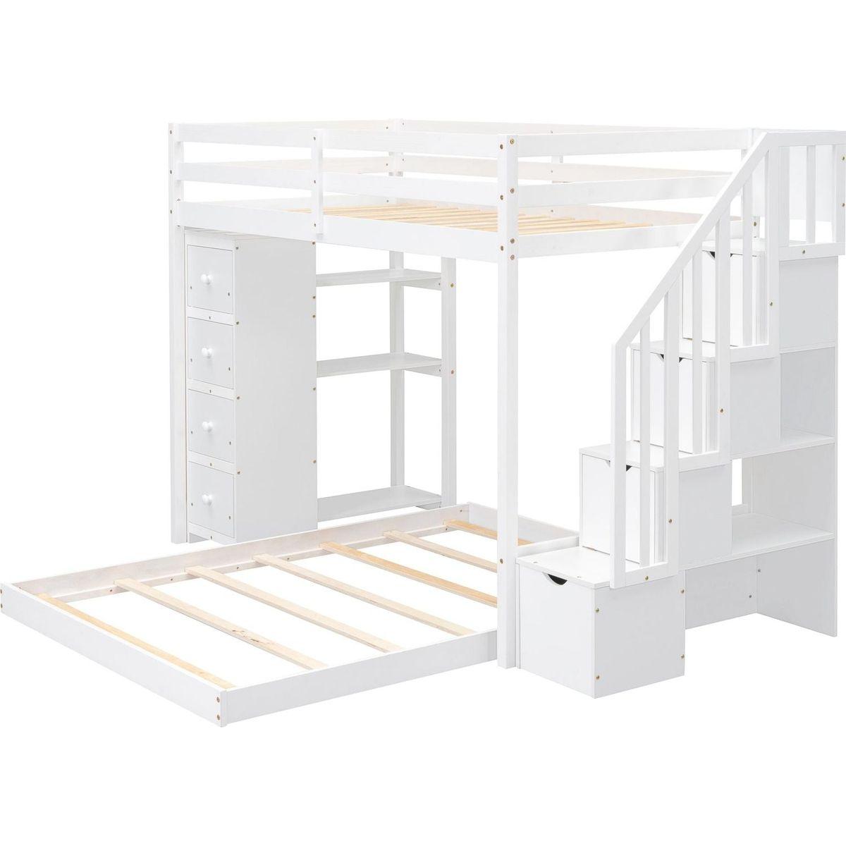 Twin Over Full Bunk Bed with 3-layer Shelves, Drawers and Storage Stairs, White