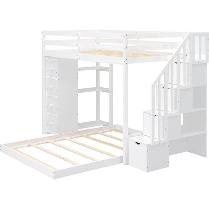 Twin Over Full Bunk Bed with 3-layer Shelves, Drawers and Storage Stairs, White