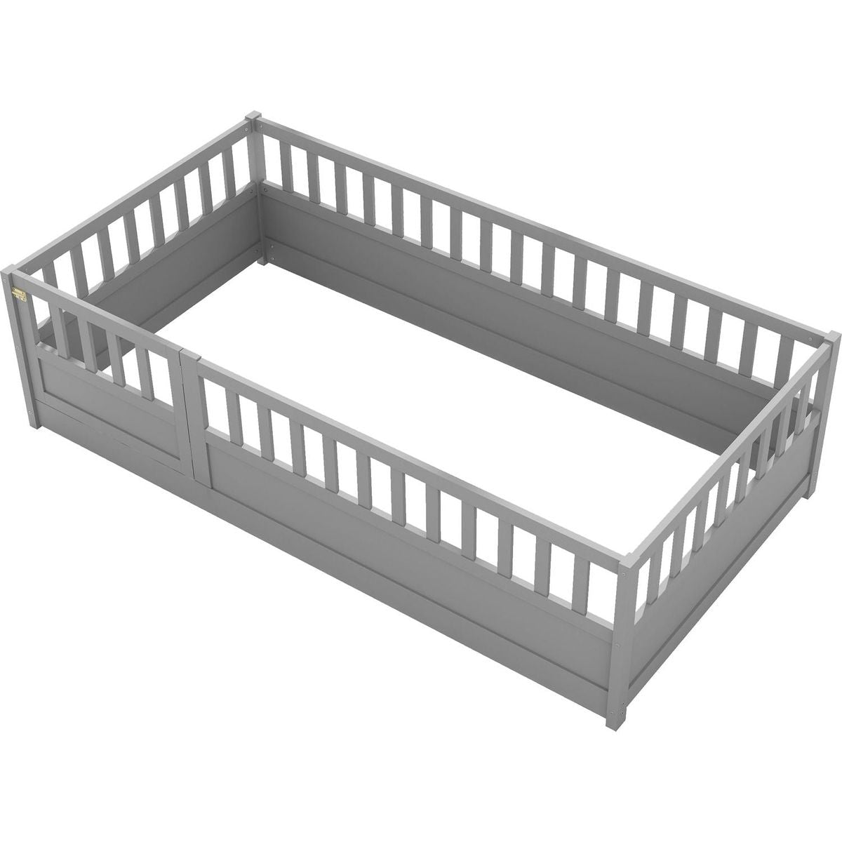 Twin Size Floor bed, integral construction with super high security barrier, door, children's floor bed frame, Montessori wooden children's floor bed, Grey