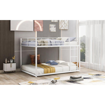 Full over Full Metal Bunk Bed, Low Bunk Bed with Ladder, White