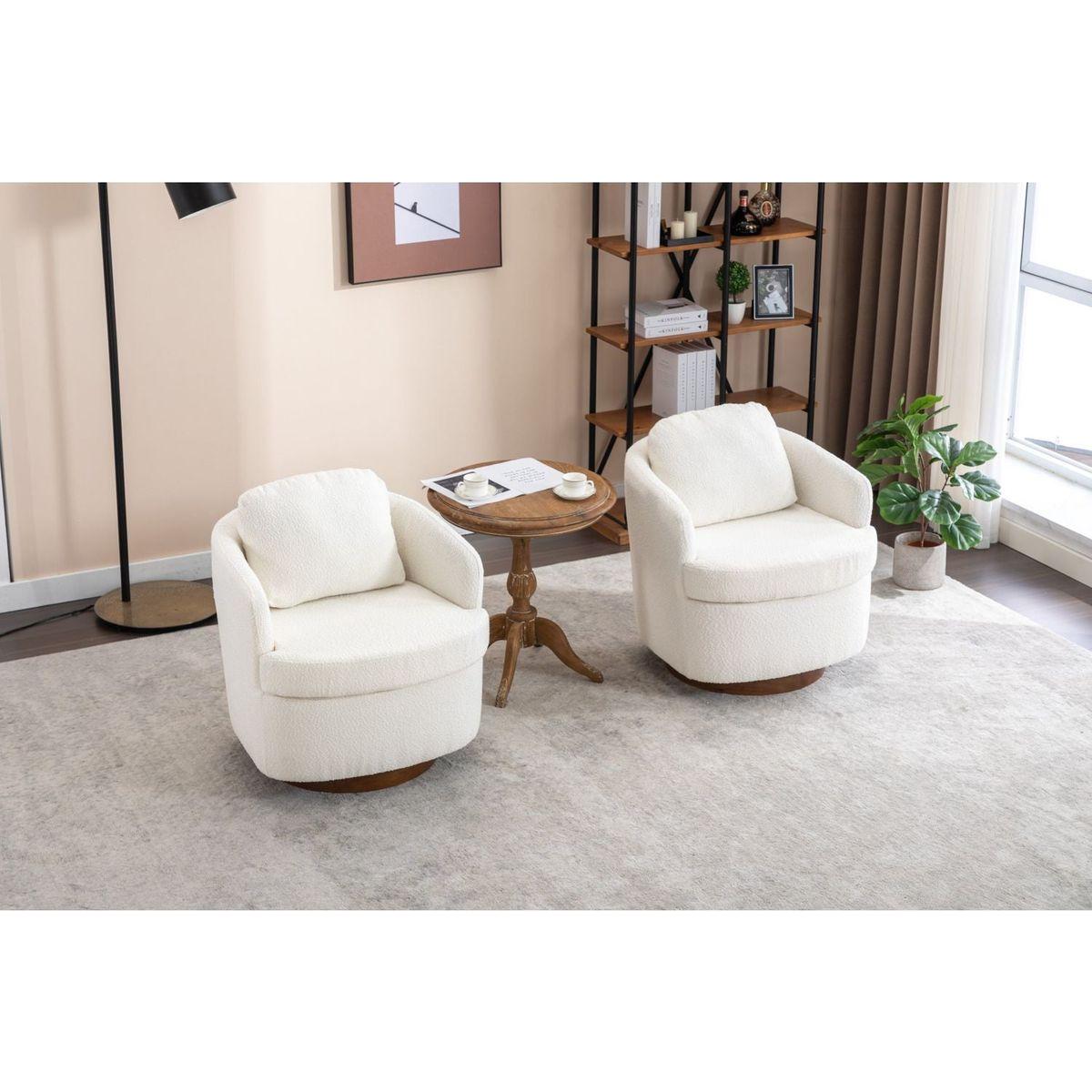 Boucle Fabric Swivel Accent Chair With Soild Wood Round Brown Base Leg,Ivory