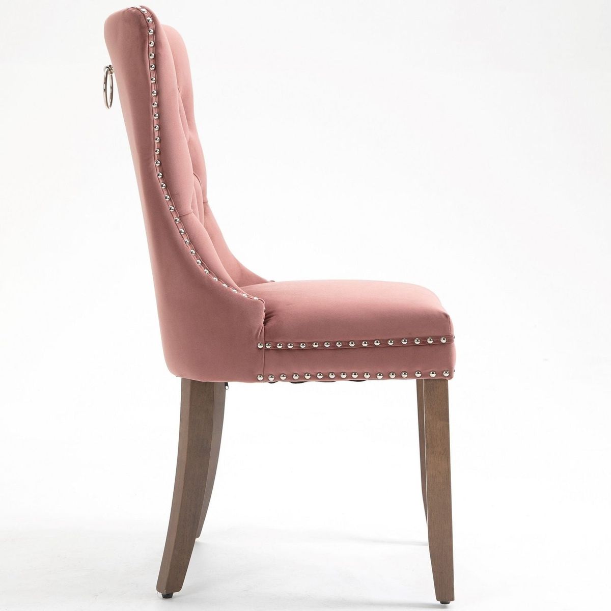 Upholstered Button Tufted Back Pink Velvet Dining Chair with Nailhead Trim and Solid Wood Legs 2 Sets