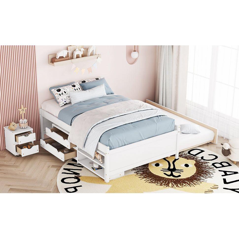 Versatile Full Bed with Trundle,Under bed Storage Box and Nightstand .White