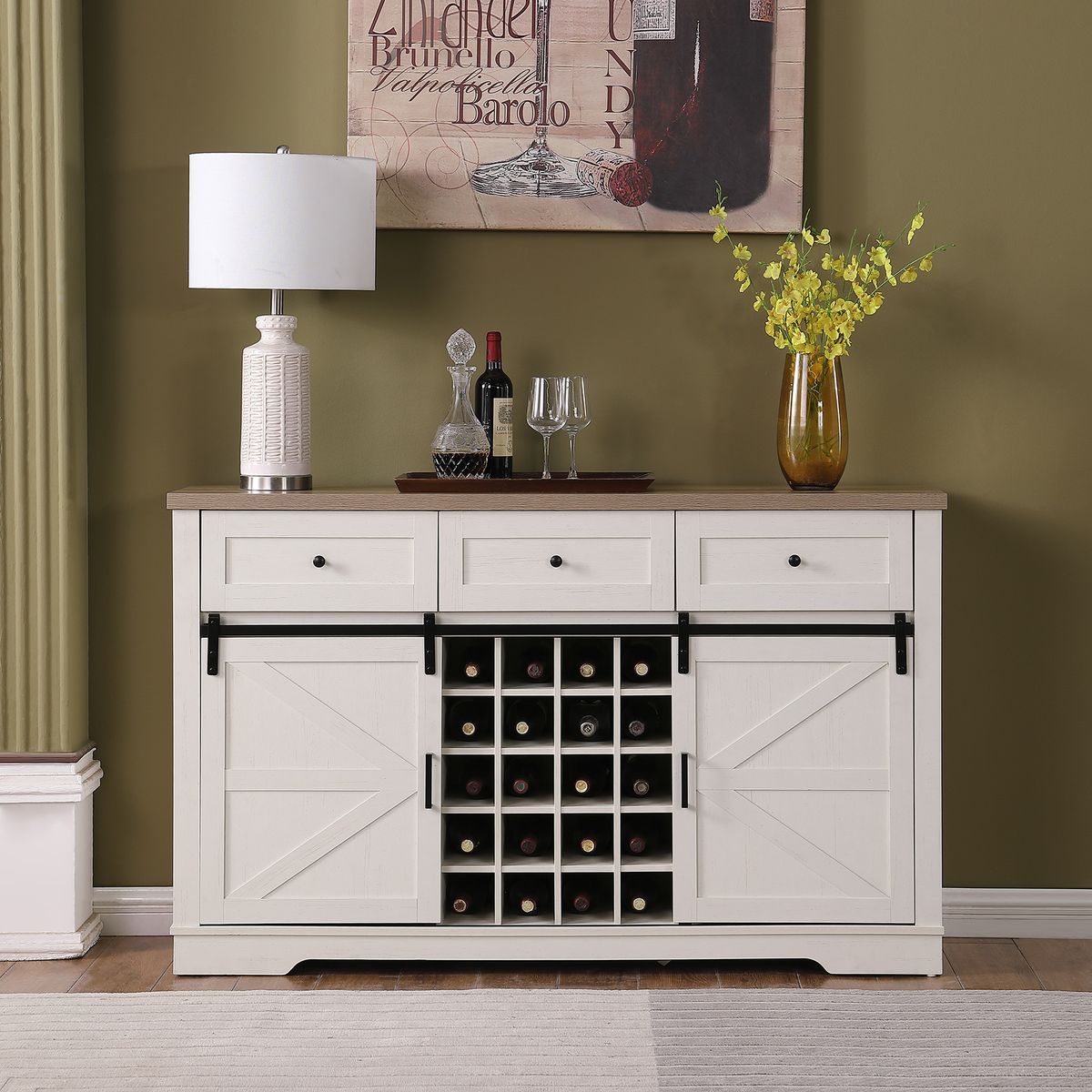 Farmhouse Wine Bar Cabinet w/Sliding Barn Door, 58' Kitchen Coffee Bar Cabinet w/Wine & Glass Rack, Storage Shelves, 3 Drawers, Rustic Large Buffet Sideboard for Dining Room, Antique White