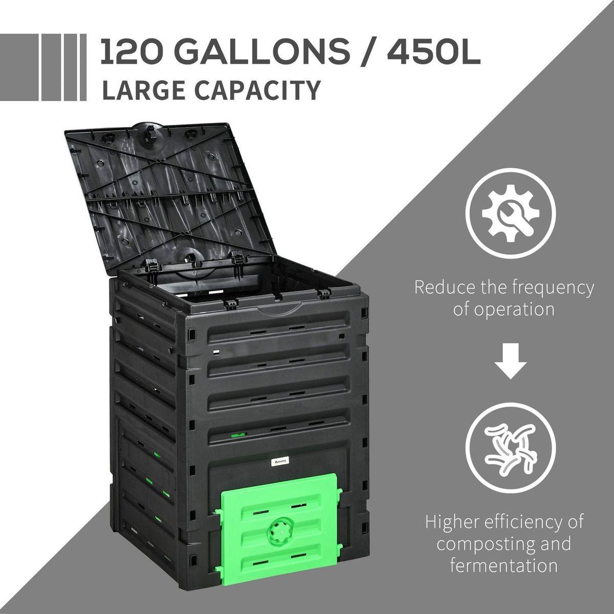 Garden Compost Bin, 120 Gallon (450L) Garden Composter, BPA Free, with 80 Vents and 2 Sliding Doors, Lightweight & Sturdy, Fast Creation of Fertile Soil, Black