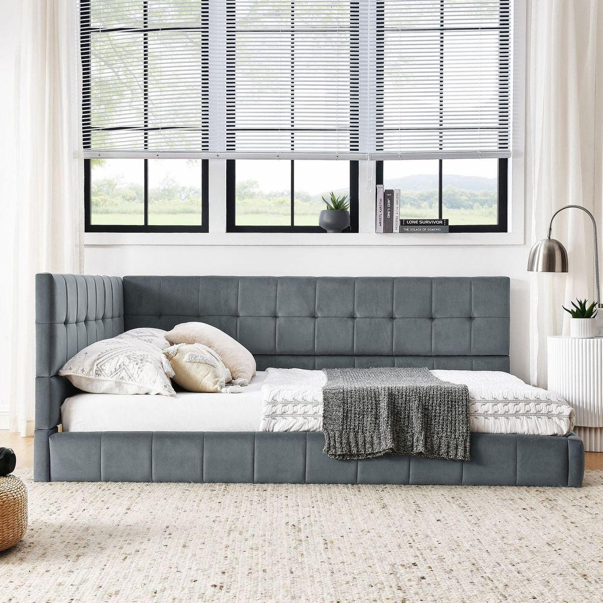 Full Size Upholstered Tufted Bed Frame, Sofa Bed Frame with Comfortable Backrest and Armrests, Full Size Bed for Bedroom, Living Room,Velvet, Grey(80.5"x59"x30.5")