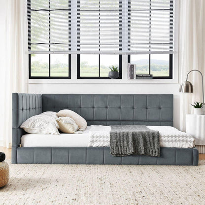 Full Size Upholstered Tufted Bed Frame, Sofa Bed Frame with Comfortable Backrest and Armrests, Full Size Bed for Bedroom, Living Room,Velvet, Grey(80.5"x59"x30.5")
