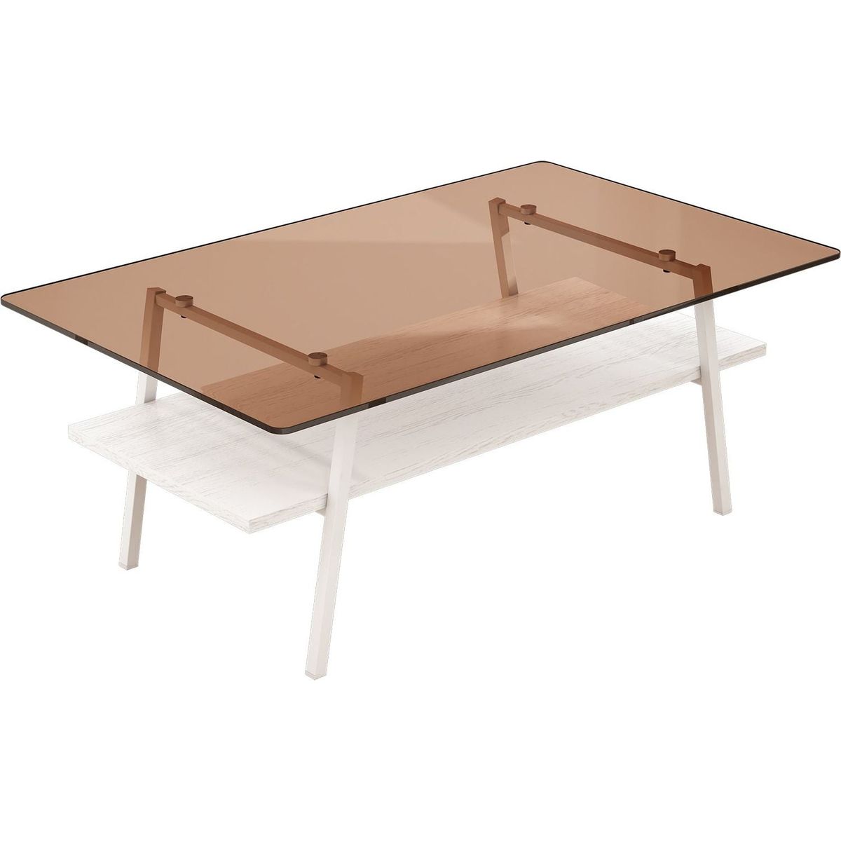 Rectangle Coffee Table, Tempered Glass Tabletop with White Metal Legs, Modern Table for Living Room, Brown Glass