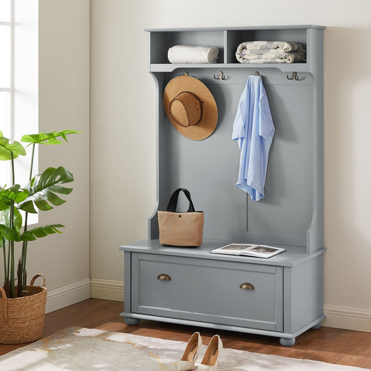 Modern Classic Hall Tree with Shoe Rack Bench and Coat Hooks for Hanging Storage, Entryway Bench with Open Shelves and Shoe Cabinets 40.16'W*18.58'D*64.17'H GRAY