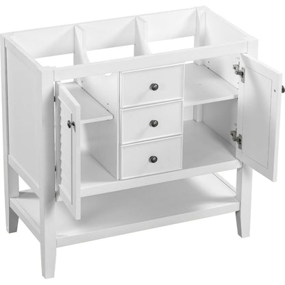 36" Bathroom Vanity without Sink, Cabinet Base Only, Two Cabinets and Drawers, Open Shelf, Solid Wood Frame, White