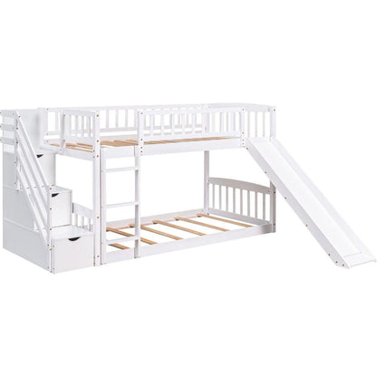 Stairway Twin over Twin Bunk Bed with Two Drawers and Slide, White