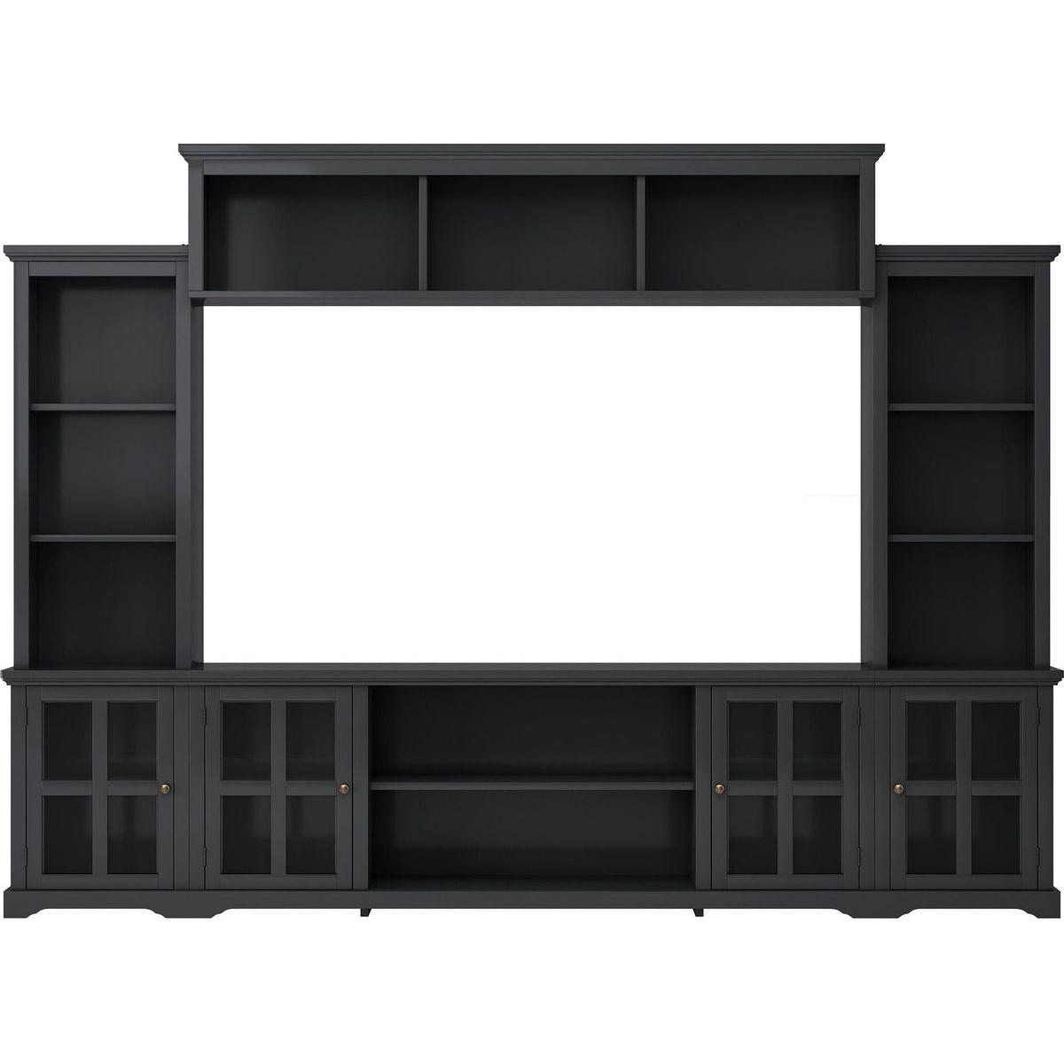 Minimalism Style Entertainment Wall Unit with Bridge, Modern TV Console Table for TVs Up to 70", Multifunctional TV Stand with Tempered Glass Door, Black