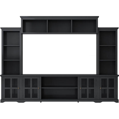 Minimalism Style Entertainment Wall Unit with Bridge, Modern TV Console Table for TVs Up to 70", Multifunctional TV Stand with Tempered Glass Door, Black