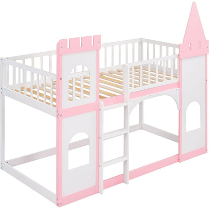 Twin Over Twin Castle Bunk Bed with Ladder - Pink